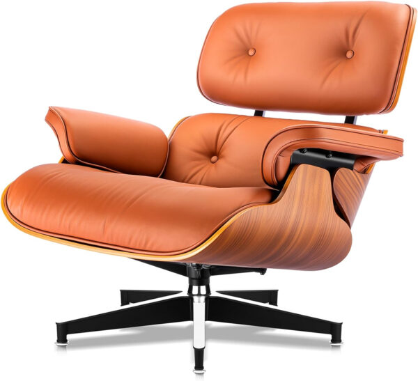 Top Grain Leather, Mid Century Chaise Lounge Chair and Ottoman, Modern Chair Classic Design, Heavy Duty Base Support for Living Room Study Lounge Office, Walnut-Brown