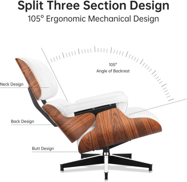 Top Grain Leather, Mid Century Chaise Lounge Chair and Ottoman, Modern Chair Classic Design, Heavy Duty Base Support for Living Room Study Lounge Office, Walnut-Brown