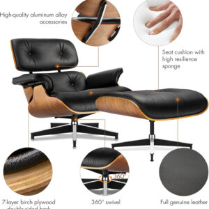 Top Grain Leather, Mid Century Chaise Lounge Chair and Ottoman, Modern Chair Classic Design, Heavy Duty Base Support for Living Room Study Lounge Office, Walnut-Brown