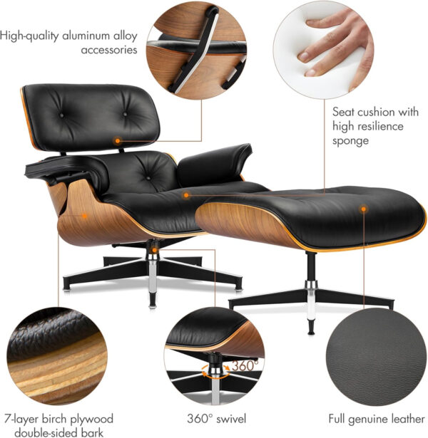 Top Grain Leather, Mid Century Chaise Lounge Chair and Ottoman, Modern Chair Classic Design, Heavy Duty Base Support for Living Room Study Lounge Office, Walnut-Brown