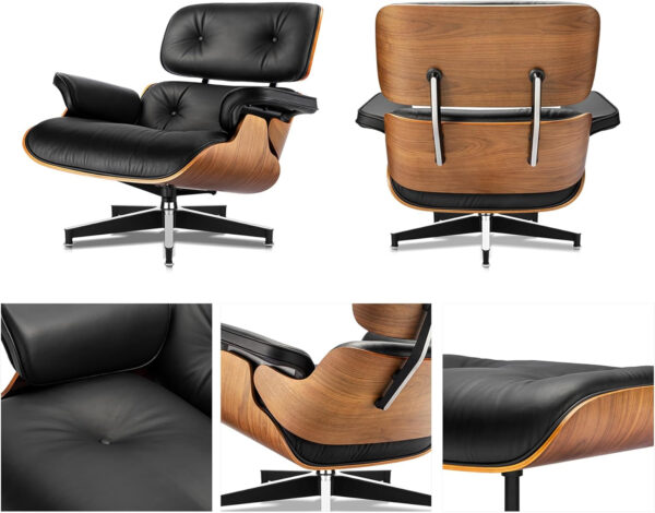 Top Grain Leather, Mid Century Chaise Lounge Chair and Ottoman, Modern Chair Classic Design, Heavy Duty Base Support for Living Room Study Lounge Office, Walnut-Brown