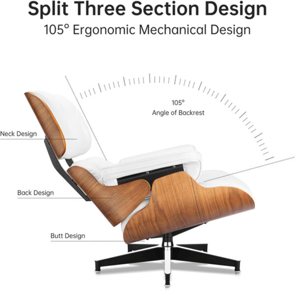 Top Grain Leather, Mid Century Chaise Lounge Chair and Ottoman, Modern Chair Classic Design, Heavy Duty Base Support for Living Room Study Lounge Office, Walnut-Brown