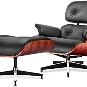 Top Black Grain Leather, Mid Century Chaise Lounge Chair and Ottoman, Modern Chair Classic Design, Red Rosewood, Heavy Duty Base Support for Living Room Study Lounge Office