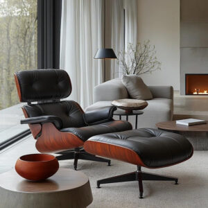 Top Black Grain Leather, Mid Century Chaise Lounge Chair and Ottoman, Modern Chair Classic Design, Red Rosewood, Heavy Duty Base Support for Living Room Study Lounge Office