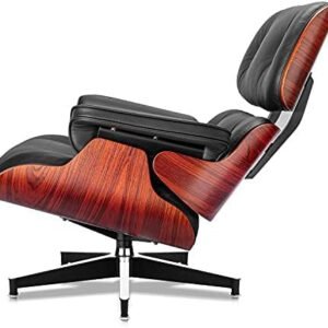 Top Black Grain Leather, Mid Century Chaise Lounge Chair and Ottoman, Modern Chair Classic Design, Red Rosewood, Heavy Duty Base Support for Living Room Study Lounge Office