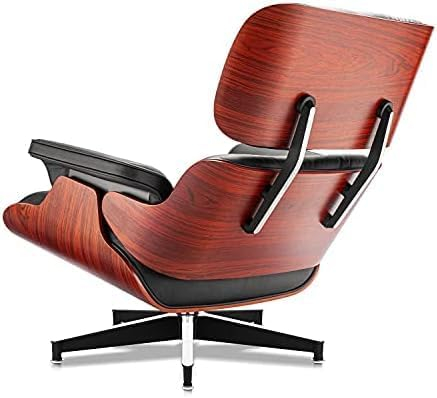 Top Black Grain Leather, Mid Century Chaise Lounge Chair and Ottoman, Modern Chair Classic Design, Red Rosewood, Heavy Duty Base Support for Living Room Study Lounge Office