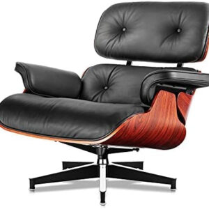 Top Black Grain Leather, Mid Century Chaise Lounge Chair and Ottoman, Modern Chair Classic Design, Red Rosewood, Heavy Duty Base Support for Living Room Study Lounge Office