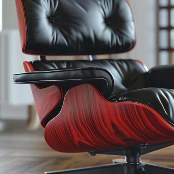 Top Black Grain Leather, Mid Century Chaise Lounge Chair and Ottoman, Modern Chair Classic Design, Red Rosewood, Heavy Duty Base Support for Living Room Study Lounge Office