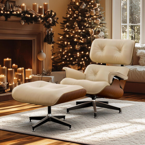 Top Black Grain Leather, Mid Century Chaise Lounge Chair and Ottoman, Modern Chair Classic Design, Red Rosewood, Heavy Duty Base Support for Living Room Study Lounge Office