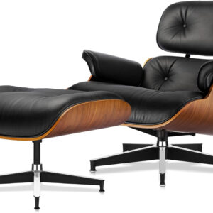 Top Black Grain Leather, Mid Century Chaise Lounge Chair and Ottoman, Modern Chair Classic Design, Red Rosewood, Heavy Duty Base Support for Living Room Study Lounge Office