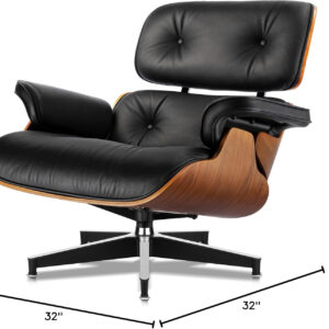 Top Black Grain Leather, Mid Century Chaise Lounge Chair and Ottoman, Modern Chair Classic Design, Red Rosewood, Heavy Duty Base Support for Living Room Study Lounge Office