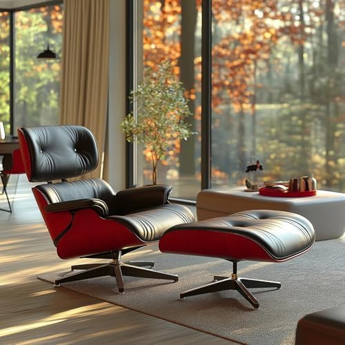 Top Black Grain Leather, Mid Century Chaise Lounge Chair and Ottoman, Modern Chair Classic Design, Red Rosewood, Heavy Duty Base Support for Living Room Study Lounge Office