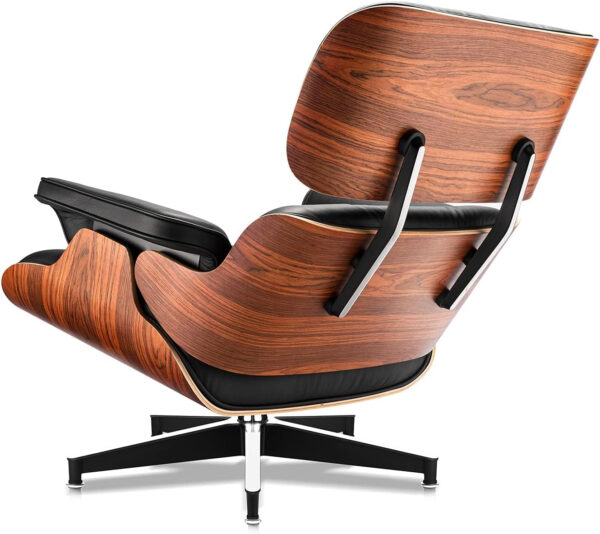 Top Black Grain Leather, Mid Century Chaise Lounge Chair and Ottoman, Modern Chair Classic Design, Red Rosewood, Heavy Duty Base Support for Living Room Study Lounge Office