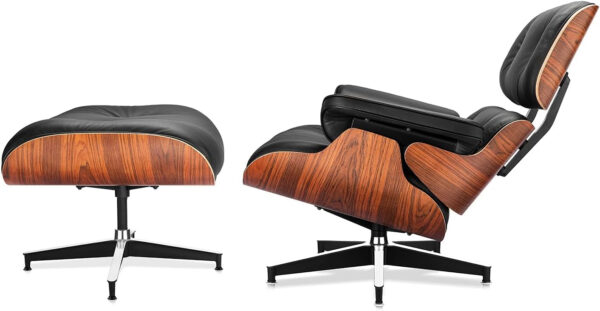 Top Black Grain Leather, Mid Century Chaise Lounge Chair and Ottoman, Modern Chair Classic Design, Red Rosewood, Heavy Duty Base Support for Living Room Study Lounge Office