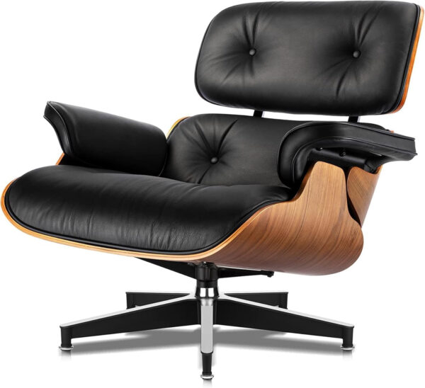 Top Black Leather, Mid Century Chair with Ottoman, Lounge Chair Modern Classic Design, Walnut Wood, Heavy Duty Base Support for Living Room Office (Upgraded,Walnut-Black)