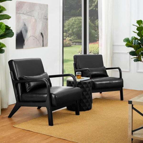 Glitzhome Mid Century Hunter Green Accent Armchair, Single Reading Armchair PU Leather Lounge Chair with Walnut Ruberwood Frame