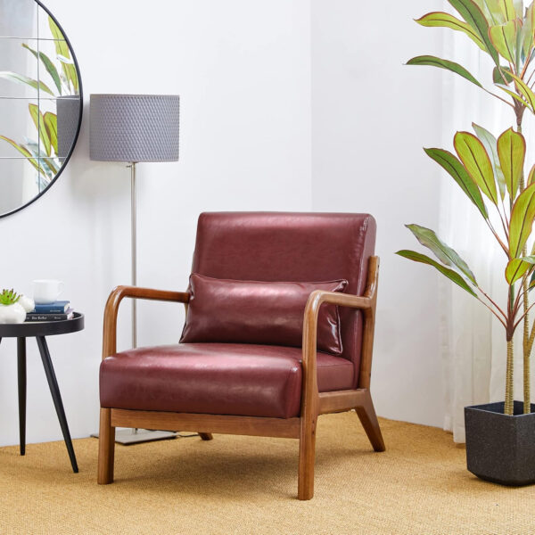 Glitzhome Mid Century Hunter Green Accent Armchair, Single Reading Armchair PU Leather Lounge Chair with Walnut Ruberwood Frame