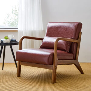 Glitzhome Mid Century Hunter Green Accent Armchair, Single Reading Armchair PU Leather Lounge Chair with Walnut Ruberwood Frame