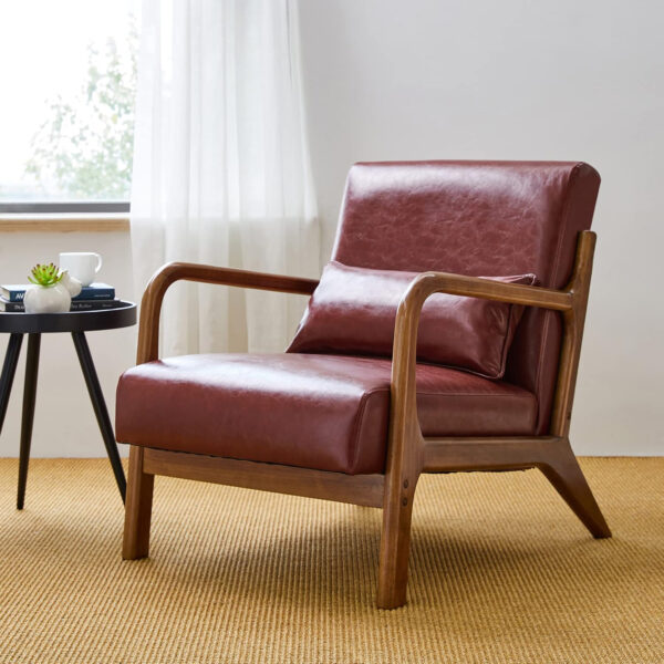 Glitzhome Mid Century Hunter Green Accent Armchair, Single Reading Armchair PU Leather Lounge Chair with Walnut Ruberwood Frame