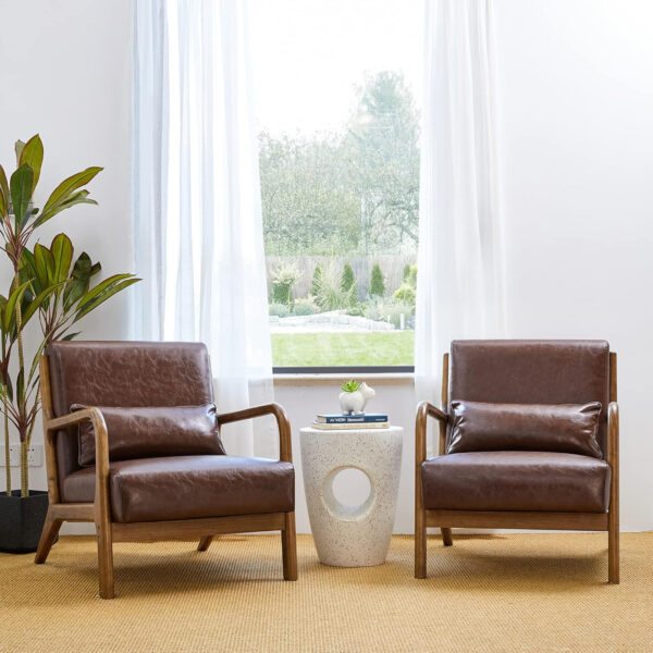 Glitzhome Mid Century Hunter Green Accent Armchair, Single Reading Armchair PU Leather Lounge Chair with Walnut Ruberwood Frame
