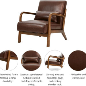 Glitzhome Mid Century Hunter Green Accent Armchair, Single Reading Armchair PU Leather Lounge Chair with Walnut Ruberwood Frame