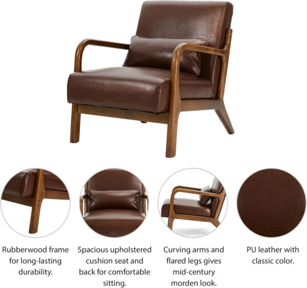 Glitzhome Mid Century Hunter Green Accent Armchair, Single Reading Armchair PU Leather Lounge Chair with Walnut Ruberwood Frame