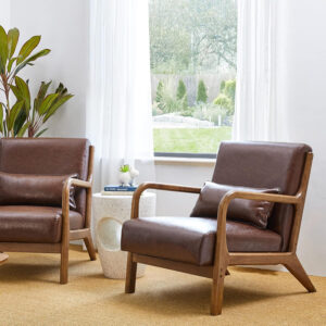 Glitzhome Mid Century Hunter Green Accent Armchair, Single Reading Armchair PU Leather Lounge Chair with Walnut Ruberwood Frame