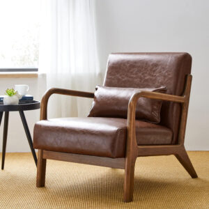 Glitzhome Mid Century Hunter Green Accent Armchair, Single Reading Armchair PU Leather Lounge Chair with Walnut Ruberwood Frame