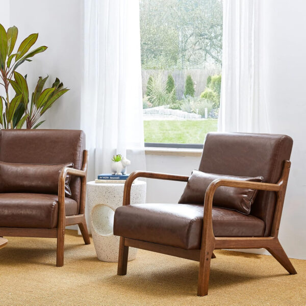 Glitzhome Mid Century Hunter Green Accent Armchair, Single Reading Armchair PU Leather Lounge Chair with Walnut Ruberwood Frame