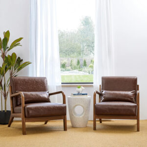Glitzhome Mid Century Hunter Green Accent Armchair, Single Reading Armchair PU Leather Lounge Chair with Walnut Ruberwood Frame