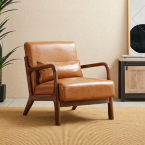Glitzhome Mid Century Hunter Green Accent Armchair, Single Reading Armchair PU Leather Lounge Chair with Walnut Ruberwood Frame
