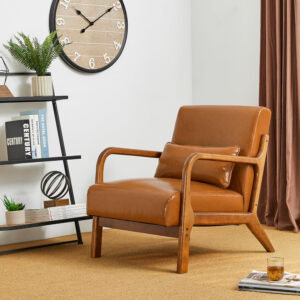 Glitzhome Mid Century Hunter Green Accent Armchair, Single Reading Armchair PU Leather Lounge Chair with Walnut Ruberwood Frame