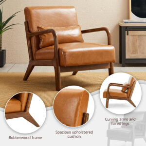 Glitzhome Mid Century Hunter Green Accent Armchair, Single Reading Armchair PU Leather Lounge Chair with Walnut Ruberwood Frame