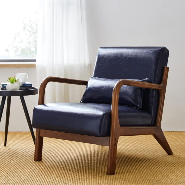 Glitzhome Mid Century Hunter Green Accent Armchair, Single Reading Armchair PU Leather Lounge Chair with Walnut Ruberwood Frame