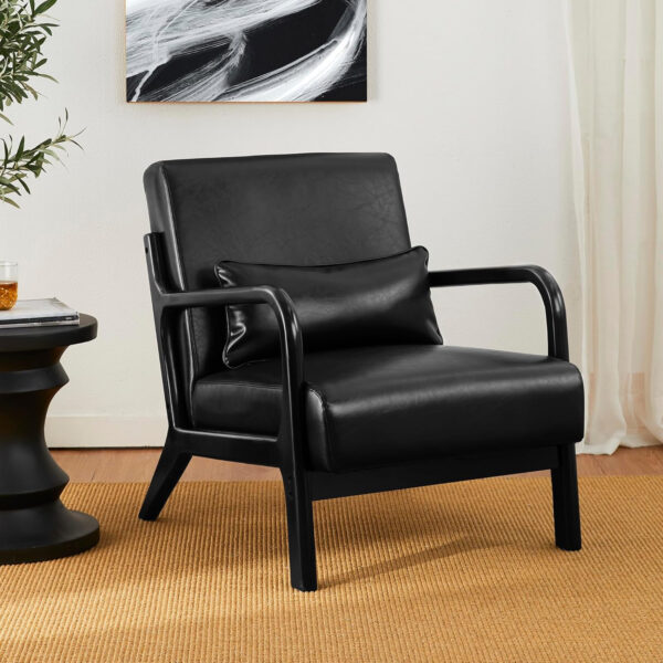 Glitzhome Mid Century Hunter Green Accent Armchair, Single Reading Armchair PU Leather Lounge Chair with Walnut Ruberwood Frame