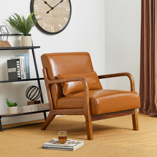 Glitzhome Mid Century Hunter Green Accent Armchair, Single Reading Armchair PU Leather Lounge Chair with Walnut Ruberwood Frame