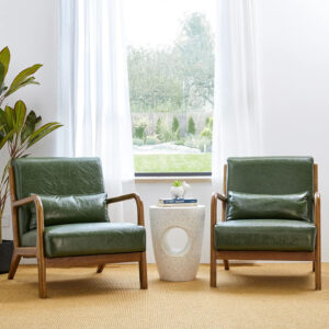 Glitzhome Mid Century Hunter Green Accent Armchair, Single Reading Armchair PU Leather Lounge Chair with Walnut Ruberwood Frame