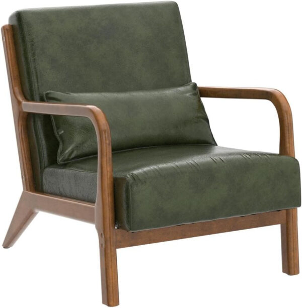 Glitzhome Mid Century Hunter Green Accent Armchair, Single Reading Armchair PU Leather Lounge Chair with Walnut Ruberwood Frame