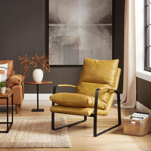 6886f4cc2a959b42862f672323aa445c505336e8a5399bece0bab.jpg Art Leon Leather Accent Chair- Mid Century Modern Living Room Chair Leather Armchair Leather Lounge Chair with Black Metal Frame (Light Brown)