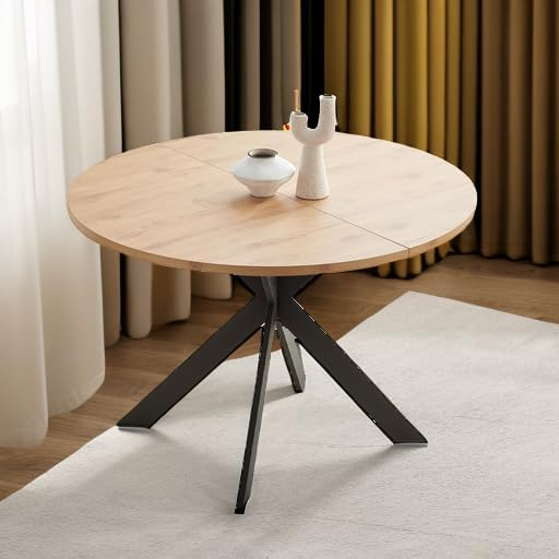 46.4" Round Dining Table Set, Mid Century Modern Round Dining Table for 4-6 Person, w/Steel Legs, Coffee Table for Kitchen Dining Room, Office, Save Space (1 Table with 4 Brown Chairs)