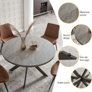 46.4" Round Dining Table Set, Mid Century Modern Round Dining Table for 4-6 Person, w/Steel Legs, Coffee Table for Kitchen Dining Room, Office, Save Space (1 Table with 4 Brown Chairs)