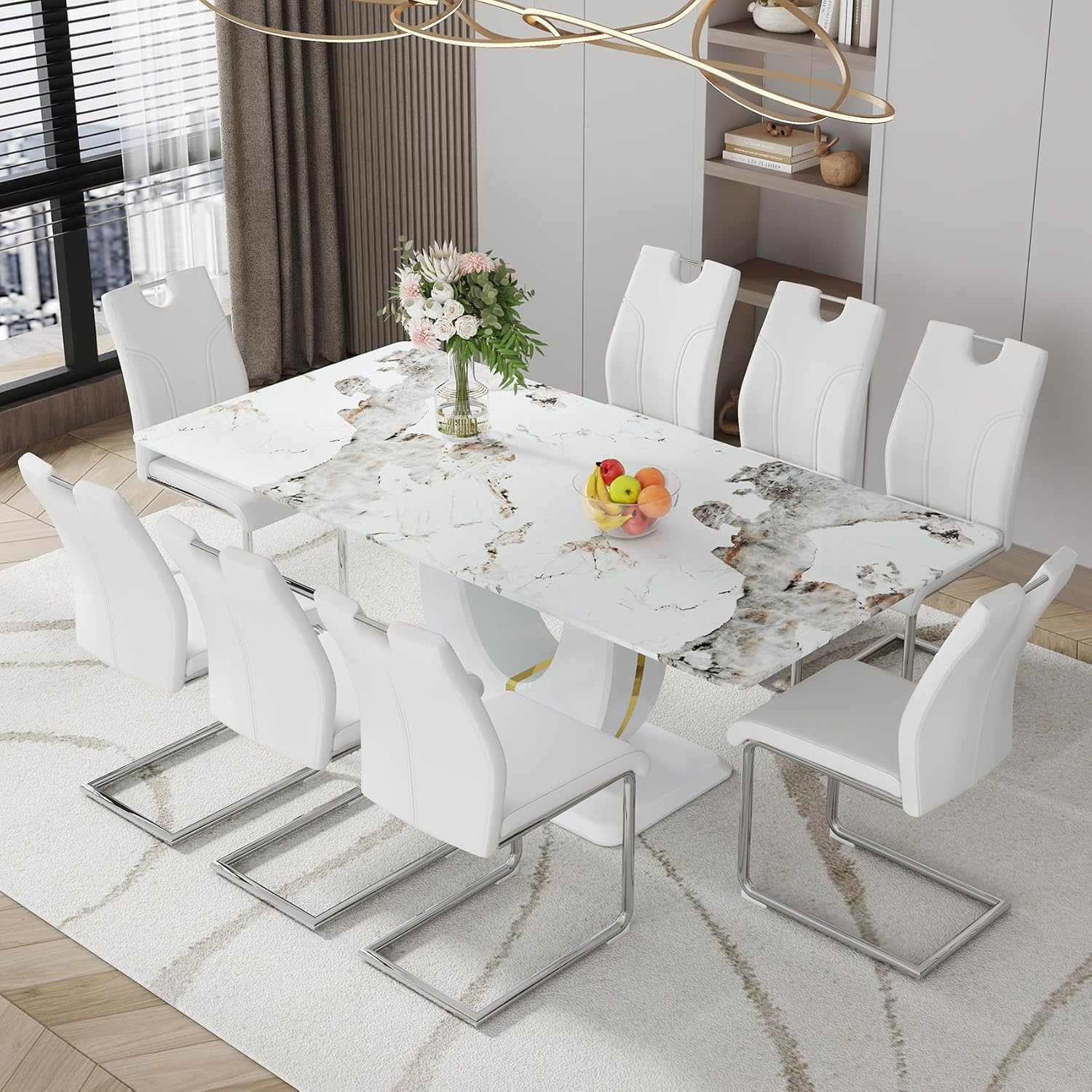 71" Dining Table Set for 8, Dining Room Table Sets with 8 Leather Upholstered Chairs and Faux Marble Table, Kitchen Table for 8, Table and Chairs Set of 8 Suitable for Kitchen and Dining Room