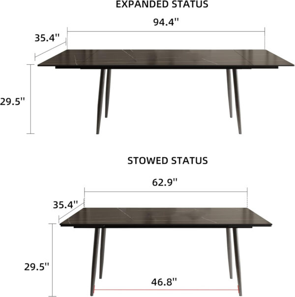 Extendable Dining Table (62.9" to 94.4") for 6 to 10 - Modern Rectangular Sintered Stone Table with High Hardness and Easy Maintenance - Stylish Black