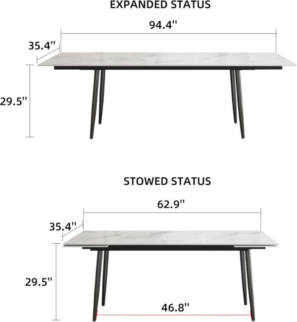 Extendable Dining Table (62.9" to 94.4") for 6 to 10 - Modern Rectangular Sintered Stone Table with High Hardness and Easy Maintenance - Stylish Black