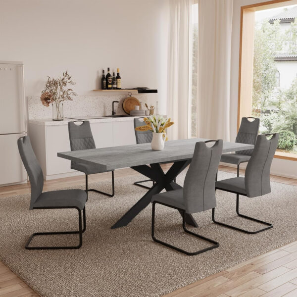 ZckyCine 6-8 Person Modern Rectangular Dining Table Set, 51-67 Inch Expandable Space-Saving Metal Frame Dining Table with Gray Table and 6 Black Chairs for Kitchen or Dining Room