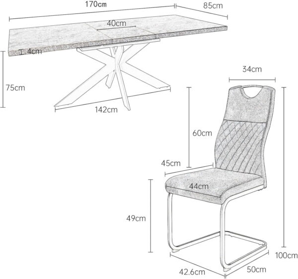 ZckyCine 6-8 Person Modern Rectangular Dining Table Set, 51-67 Inch Expandable Space-Saving Metal Frame Dining Table with Gray Table and 6 Black Chairs for Kitchen or Dining Room