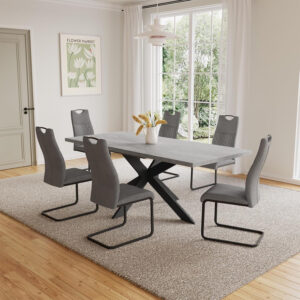 ZckyCine 6-8 Person Modern Rectangular Dining Table Set, 51-67 Inch Expandable Space-Saving Metal Frame Dining Table with Gray Table and 6 Black Chairs for Kitchen or Dining Room