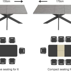ZckyCine 6-8 Person Modern Rectangular Dining Table Set, 51-67 Inch Expandable Space-Saving Metal Frame Dining Table with Gray Table and 6 Black Chairs for Kitchen or Dining Room