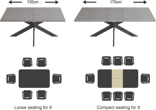 ZckyCine 6-8 Person Modern Rectangular Dining Table Set, 51-67 Inch Expandable Space-Saving Metal Frame Dining Table with Gray Table and 6 Black Chairs for Kitchen or Dining Room