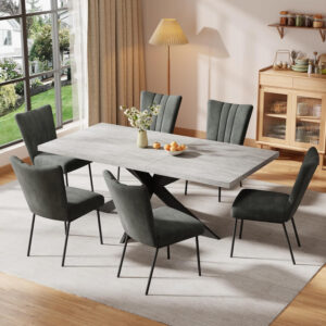 ZckyCine 6-8 Person Modern Rectangular Dining Table Set, 51-67 Inch Expandable Space-Saving Metal Frame Dining Table with Gray Table and 6 Black Chairs for Kitchen or Dining Room